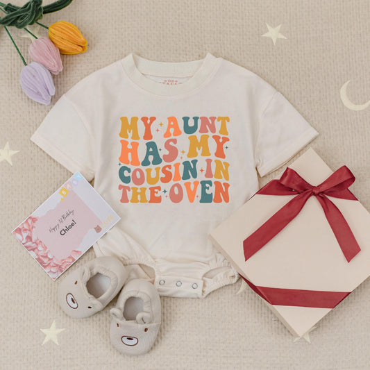 My Aunt Has My Cousin in the Oven Baby Romper Groovy Pregnancy Announcement Retro Teal Pink Orange Retro