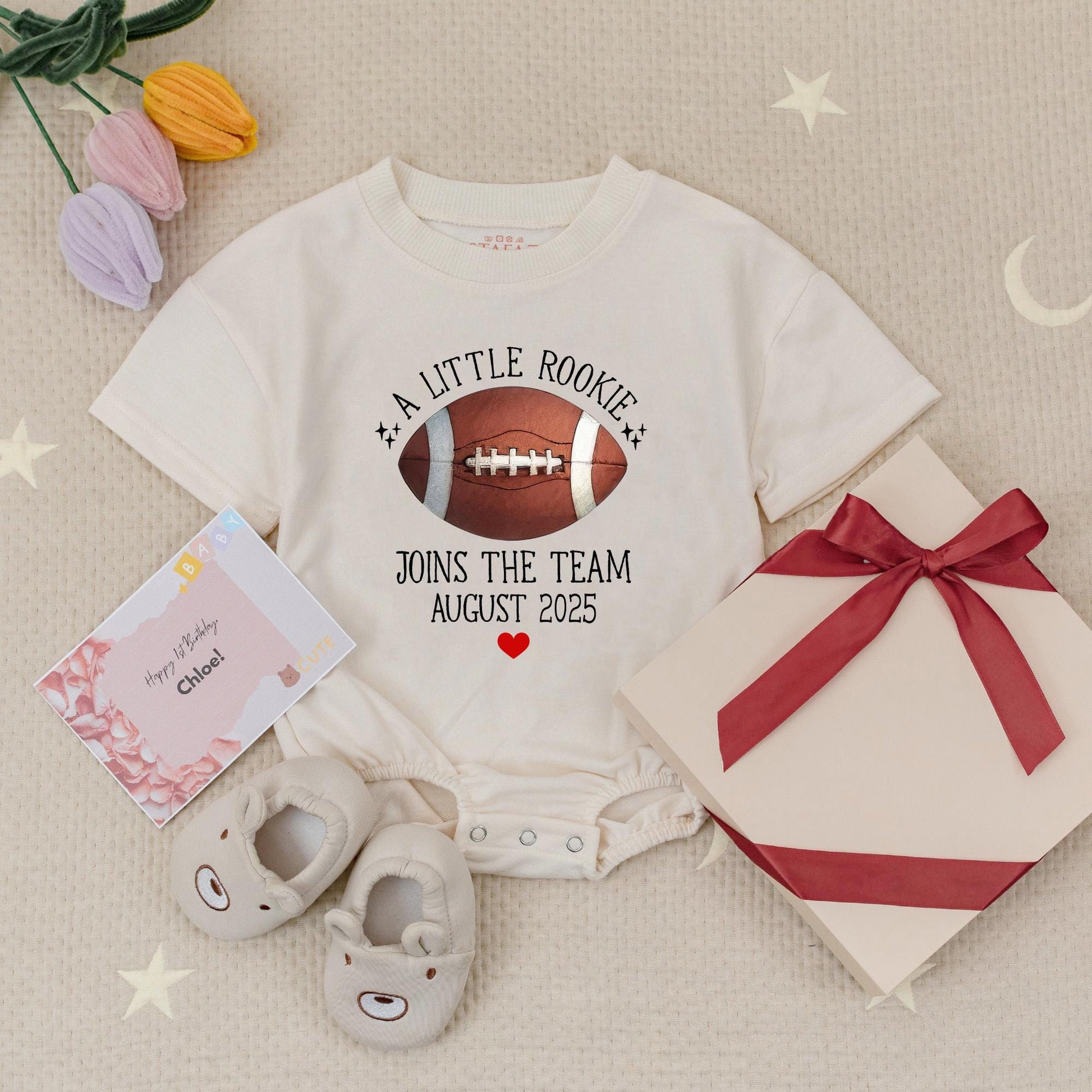 Personalized Date 'A Little Rookie' Joins The Team Football Baby Romper Baby Announcement Gift Boy Girl