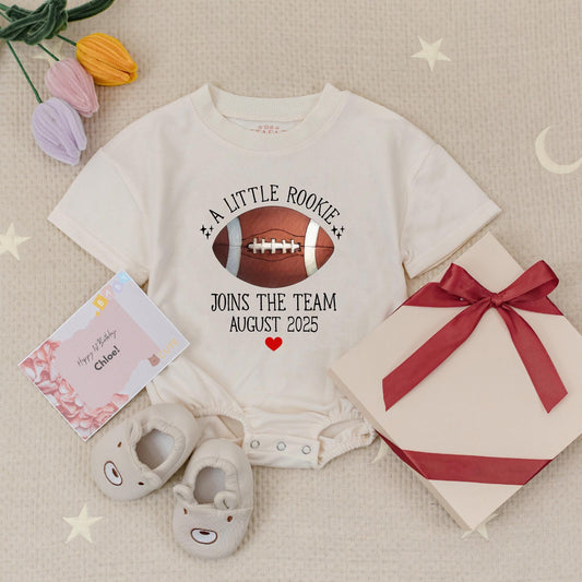 Personalized Date 'A Little Rookie' Joins The Team Football Baby Romper Baby Announcement Gift Boy Girl