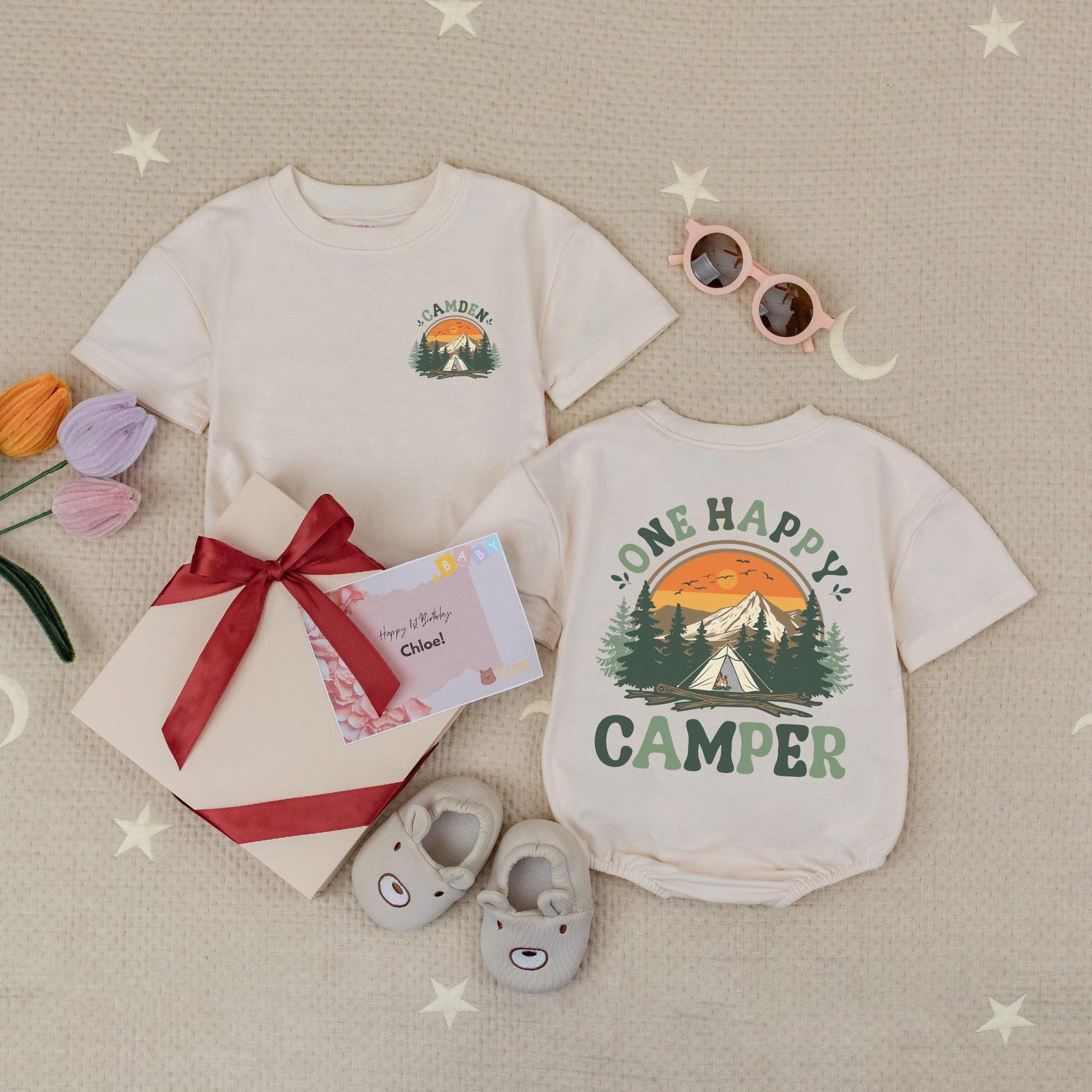 Personalized Happy Camper Romper: Sunset Mountain First Birthday Outfit, Cute Baby Bodysuit for Summer Camping Crew Adventure, Custom Name Outfit 139