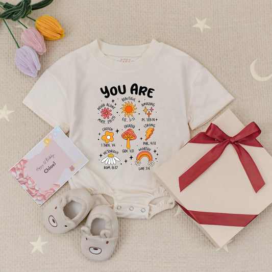 Christian "You Are" Baby Romper with Whimsical Art & Bible Verses - Joyful Newborn Clothes for Baby Shower Gift