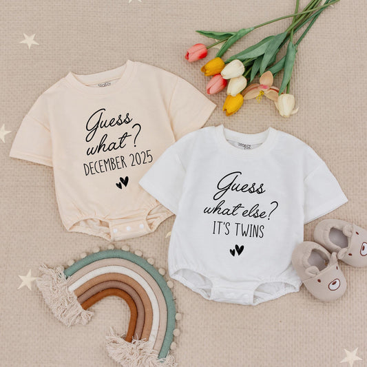 Personalized Twin Announcement Rompers Funny December 2025 Reveal Bodysuit Set Cute Gender Neutral Baby Shower Gift with Black Hearts