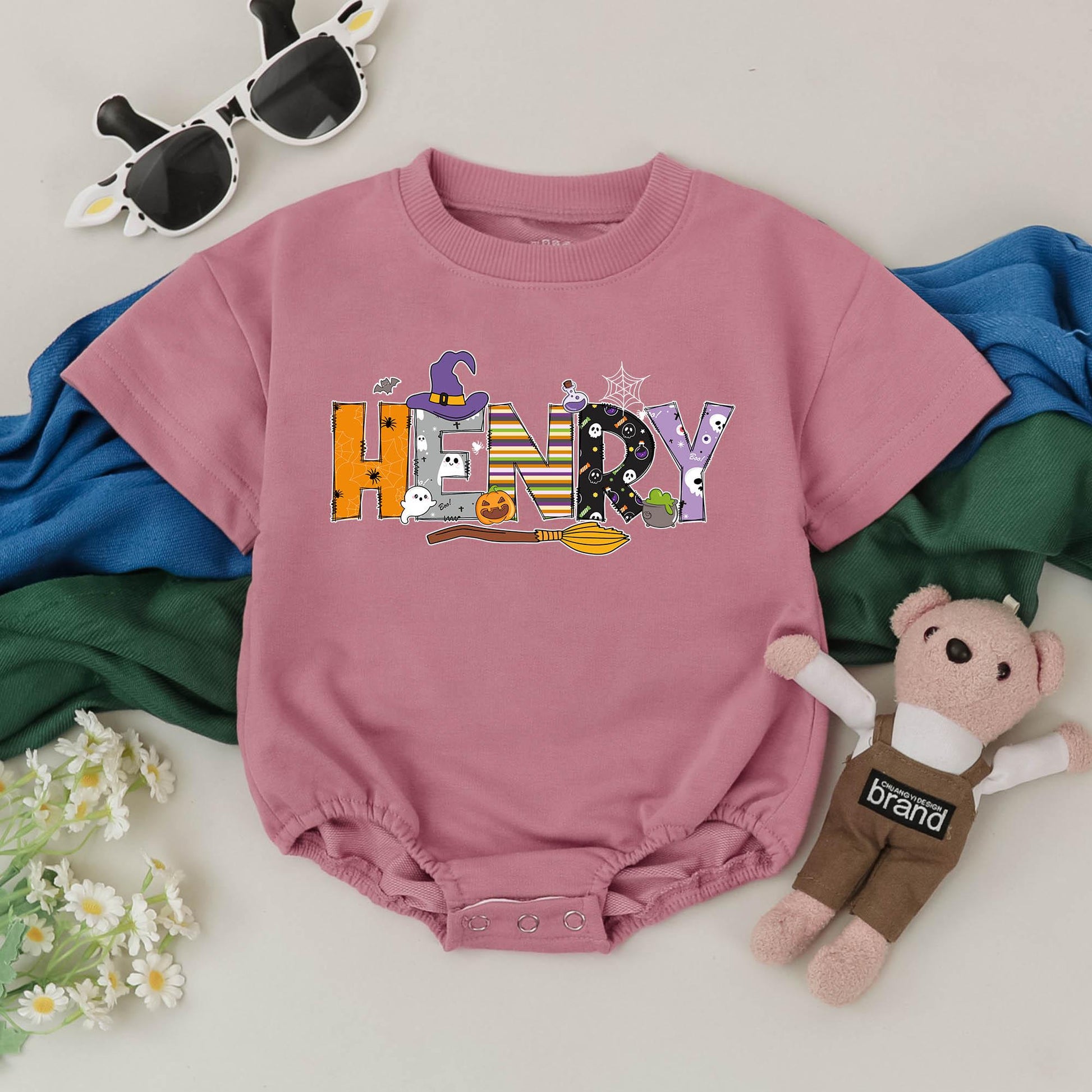 HENRY Personalized Halloween Baby Romper Spooky Season Name Outfit Witch Hat Ghosts Bats Jack-o-lantern Custom Name Gift