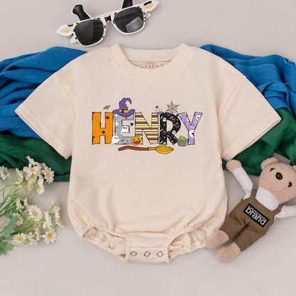 HENRY Personalized Halloween Baby Romper Spooky Season Name Outfit Witch Hat Ghosts Bats Jack-o-lantern Custom Name Gift