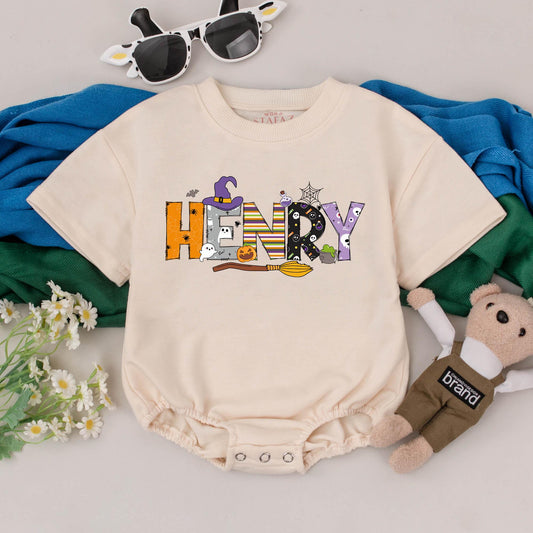 HENRY Personalized Halloween Baby Romper Spooky Season Name Outfit Witch Hat Ghosts Bats Jack-o-lantern Custom Name Gift