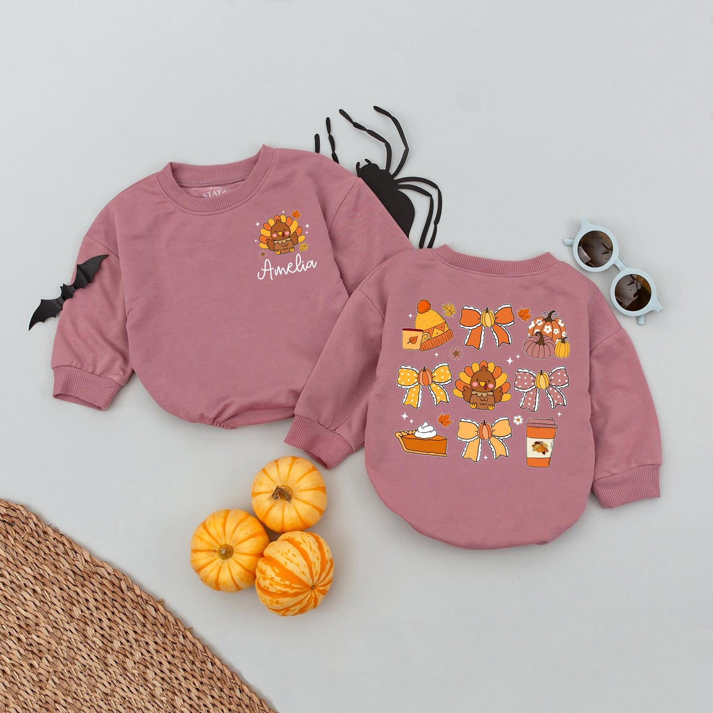 Personalized Amelia's Thanksgiving Romper: Cute Turkey & Bows, Fall Leaves Baby Outfit, Pumpkin Pie, Girly Autumn Babysuit, Warm Colors, Festive Style (138 chars)
