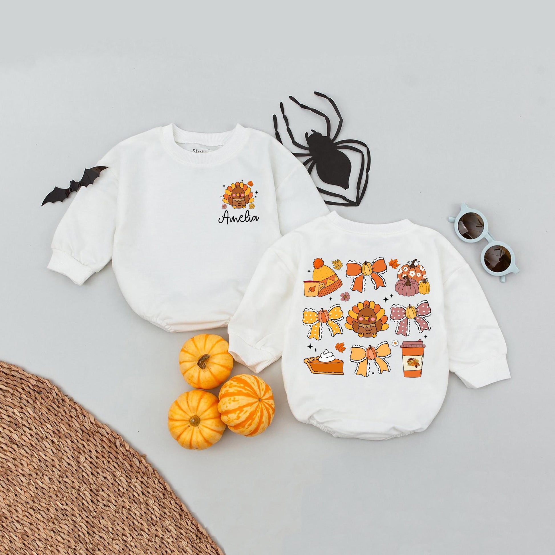 Personalized Amelia's Thanksgiving Romper: Cute Turkey & Bows, Fall Leaves Baby Outfit, Pumpkin Pie, Girly Autumn Babysuit, Warm Colors, Festive Style (138 chars)