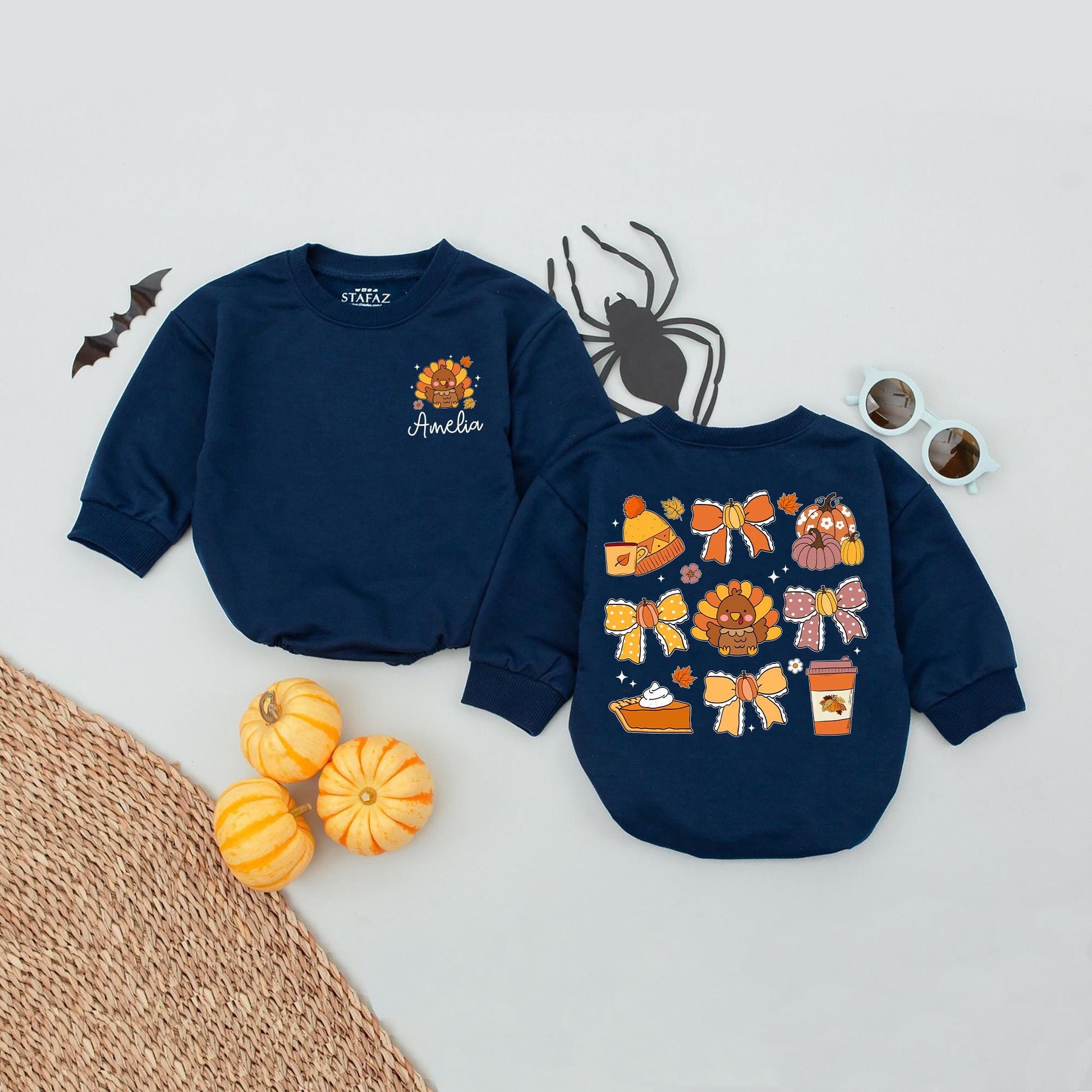 Personalized Amelia's Thanksgiving Romper: Cute Turkey & Bows, Fall Leaves Baby Outfit, Pumpkin Pie, Girly Autumn Babysuit, Warm Colors, Festive Style (138 chars)