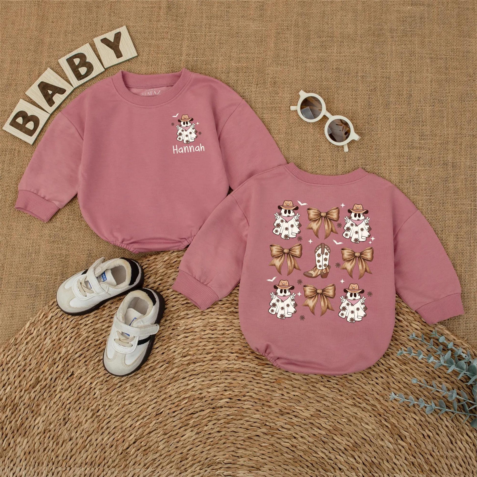 Personalized Hannah Ghost Cowboy Baby Romper Halloween Bodysuit, Western Baby Girl Outfit, My First Halloween Gift, Cute Cowboy Ghost Design