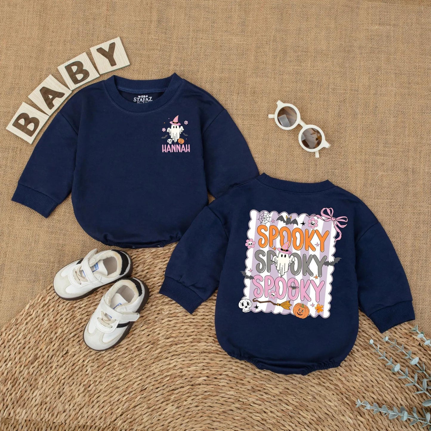 Personalized Cute Ghost Baby Romper Spooky Halloween Outfit Custom Name Spooky Season Baby Clothes