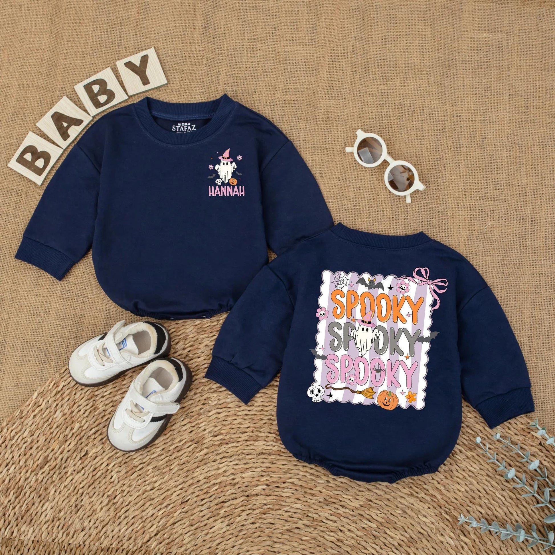 Personalized Cute Ghost Baby Romper Spooky Halloween Outfit Custom Name Spooky Season Baby Clothes