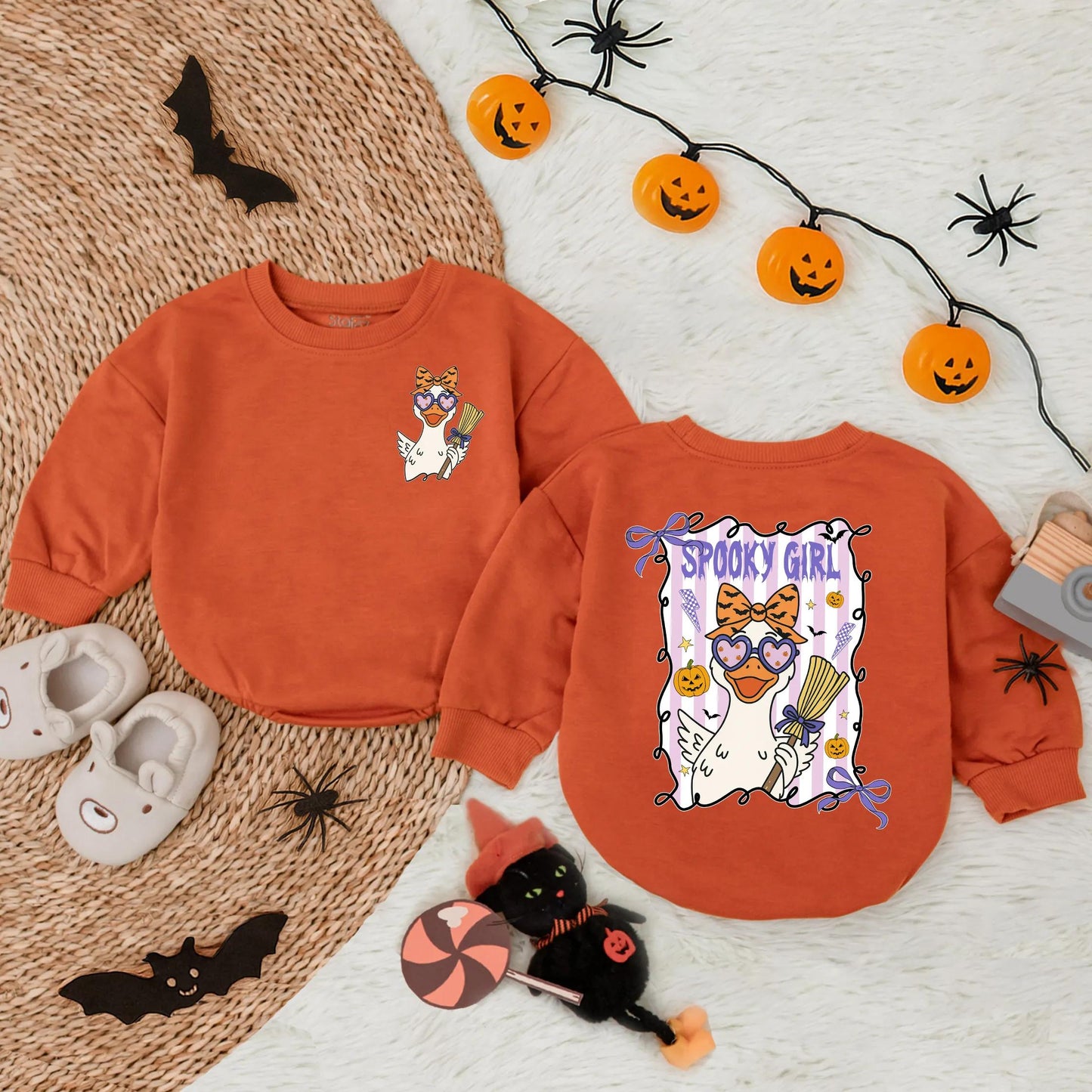 Spooky Girl Halloween Romper: Cute Duck Design with Heart Glasses & Orange Bow, Toddler Fall Outfit, Baby Halloween Gift, Spooky Baby Clothes
