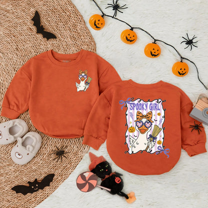 Spooky Girl Halloween Romper: Cute Duck Design with Heart Glasses & Orange Bow, Toddler Fall Outfit, Baby Halloween Gift, Spooky Baby Clothes
