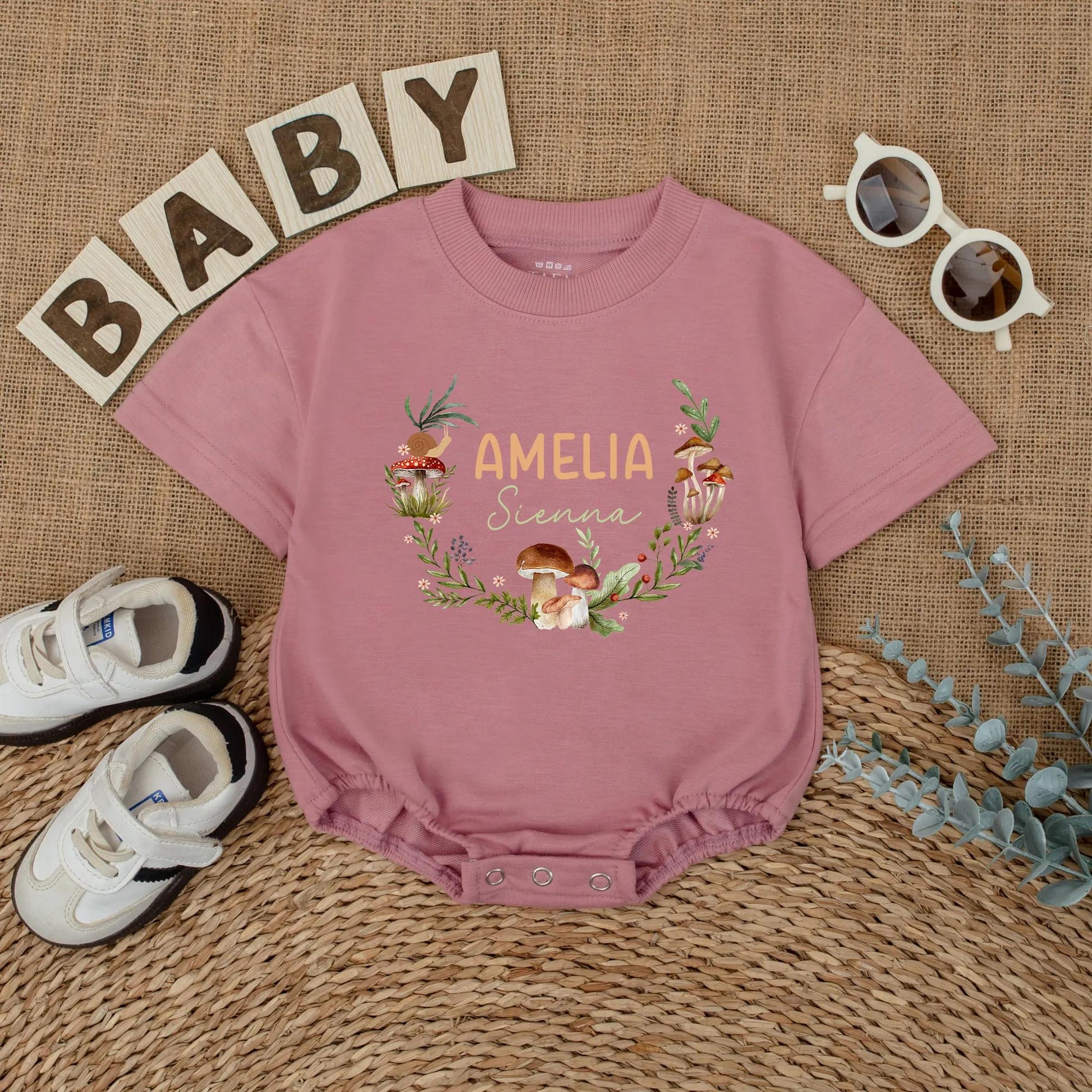 Custom Mushroom Baby Romper Personalized Woodland Forest Name Bodysuit Nature Baby Outfit Cute Gift