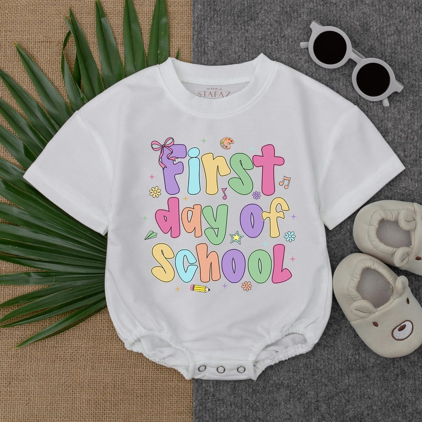 First Day of School Romper Girl Toddler Outfit Bubbly Pastel Letters Crayon Airplane Design Cute Back to School Clothes Infant Preschool Outfit Soft Cotton 138
