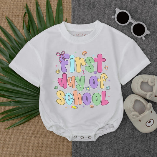 First Day of School Romper Girl Toddler Outfit Bubbly Pastel Letters Crayon Airplane Design Cute Back to School Clothes Infant Preschool Outfit Soft Cotton 138