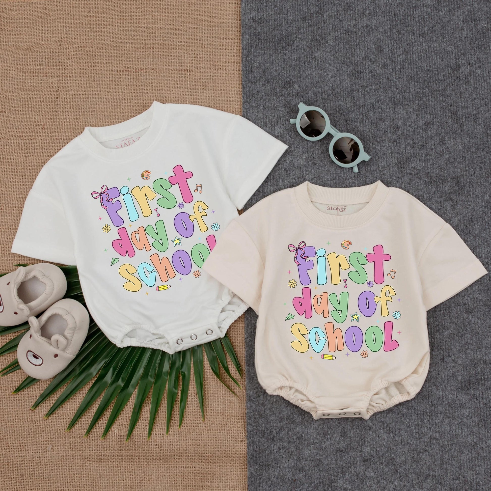 First Day of School Romper Girl Toddler Outfit Bubbly Pastel Letters Crayon Airplane Design Cute Back to School Clothes Infant Preschool Outfit Soft Cotton 138