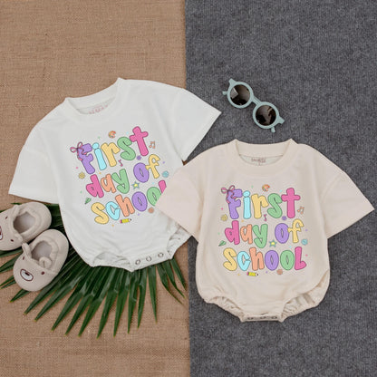 First Day of School Romper Girl Toddler Outfit Bubbly Pastel Letters Crayon Airplane Design Cute Back to School Clothes Infant Preschool Outfit Soft Cotton 138