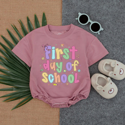 First Day of School Romper Girl Toddler Outfit Bubbly Pastel Letters Crayon Airplane Design Cute Back to School Clothes Infant Preschool Outfit Soft Cotton 138