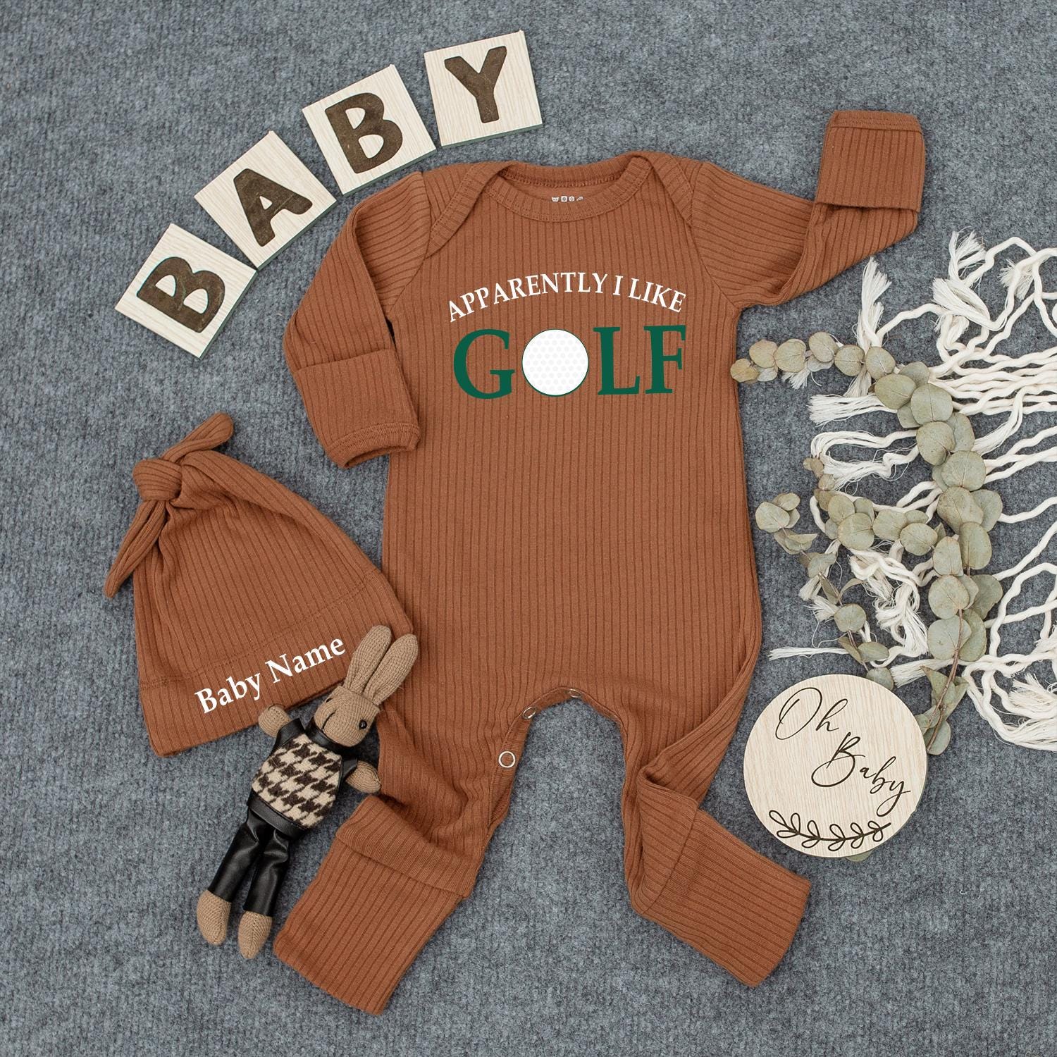 Personalized Apparently I Like Golf Baby Bodysuit and Hat Set Newborn Going Home Outfit Sports Fan Infant Gift for Golf Loving Parents