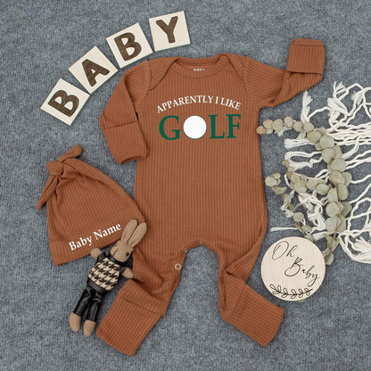 Personalized Apparently I Like Golf Baby Bodysuit and Hat Set Newborn Going Home Outfit Sports Fan Infant Gift for Golf Loving Parents