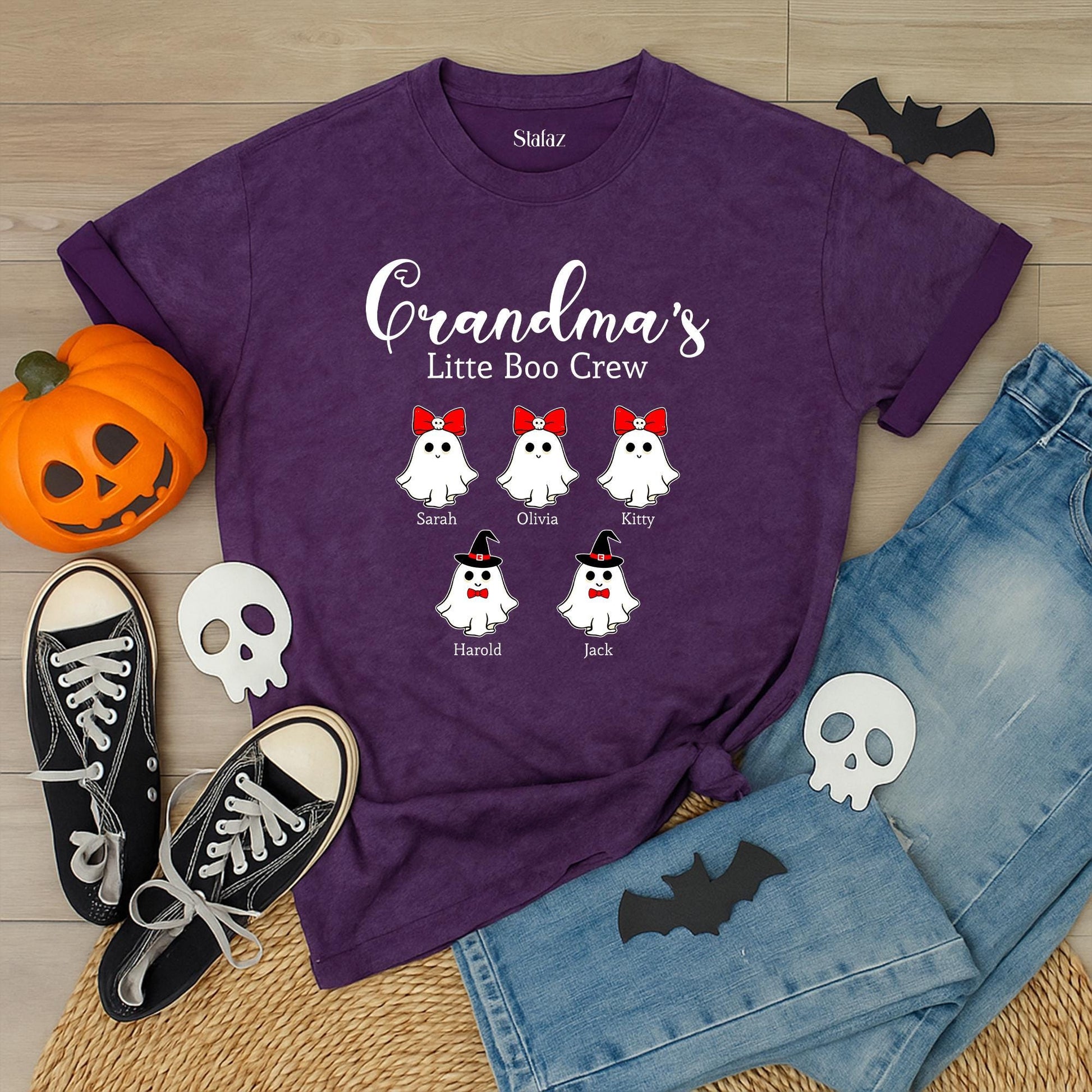 Personalized Grandma's Little Boo Crew Halloween Shirt, Custom Kids' Names Fall Tee, Spooky Grandma Gift