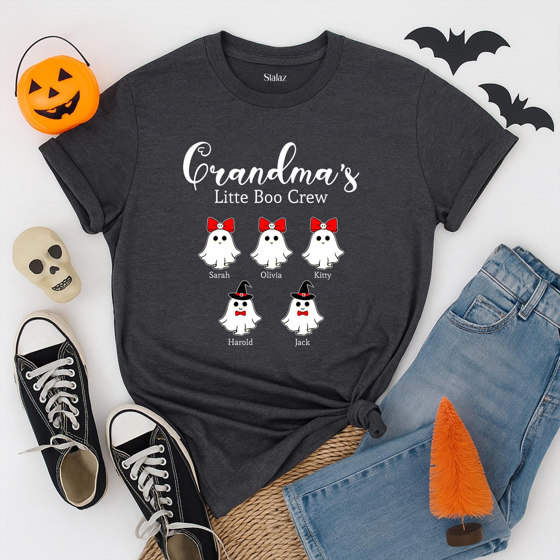 Personalized Grandma's Little Boo Crew Halloween Shirt, Custom Kids' Names Fall Tee, Spooky Grandma Gift