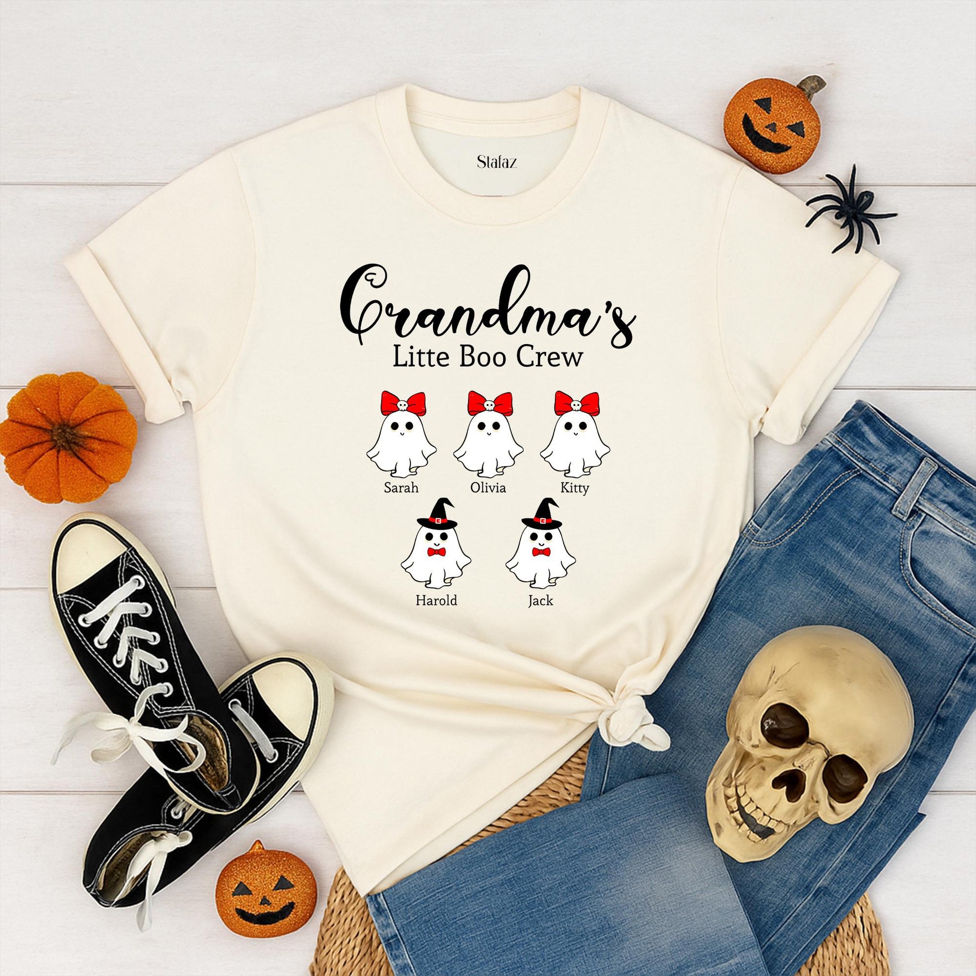 Personalized Grandma's Little Boo Crew Halloween Shirt, Custom Kids' Names Fall Tee, Spooky Grandma Gift