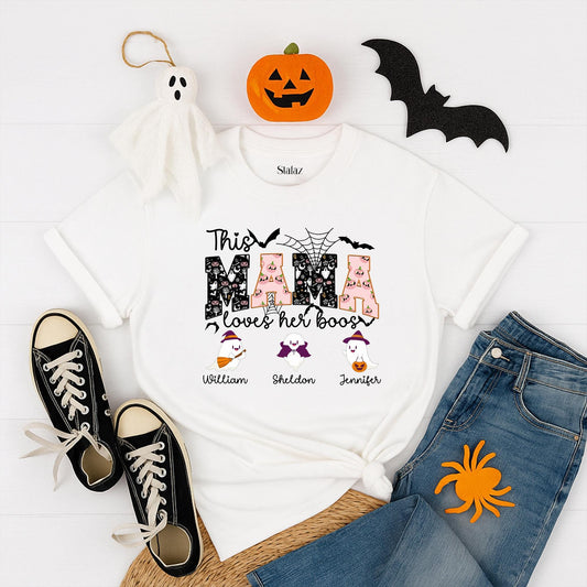 Personalized This Mama Loves Her Boos Halloween Shirt for Mom & Kids | Custom Nickname Family Tee - Spooky Mom Life