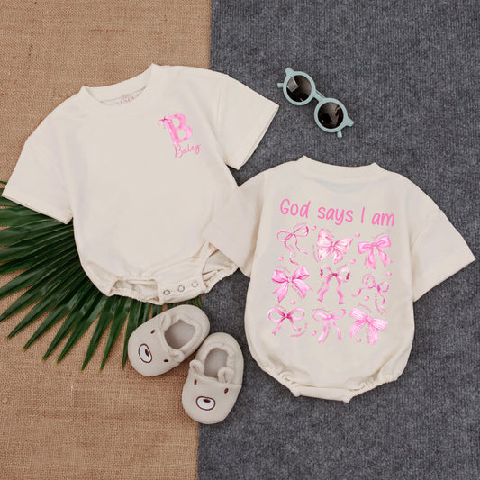 Custom Christian Girl Bubble Romper God Says I Am Bible Verse Toddler Outfit Religious Gift Soft Cotton Comfortable Everyday Wear