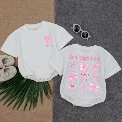 Custom Christian Girl Bubble Romper God Says I Am Bible Verse Toddler Outfit Religious Gift Soft Cotton Comfortable Everyday Wear