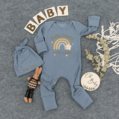Hello World Baby Bodysuit and Hat Set Gender Neutral Personalized Coming Home Outfit Cute Baby Shower Gift
