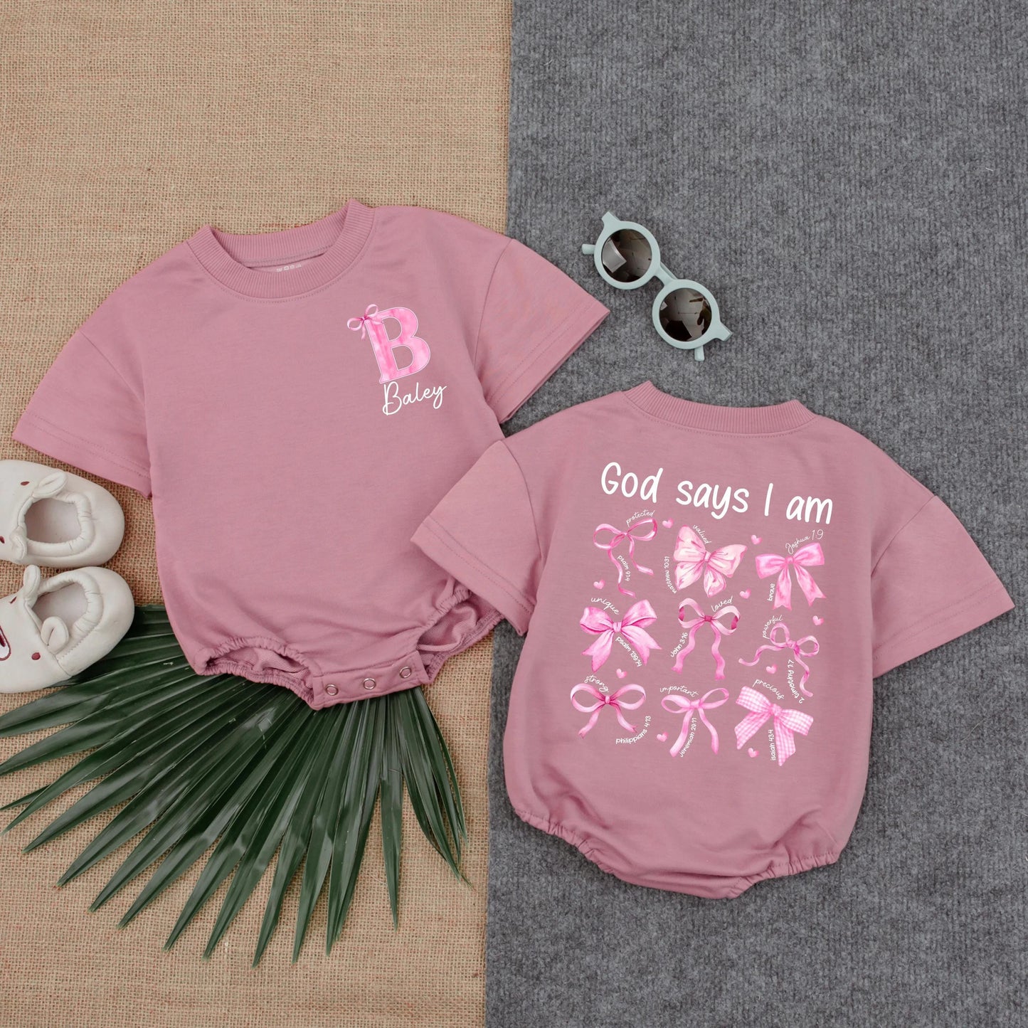 Custom Christian Girl Bubble Romper God Says I Am Bible Verse Toddler Outfit Religious Gift Soft Cotton Comfortable Everyday Wear