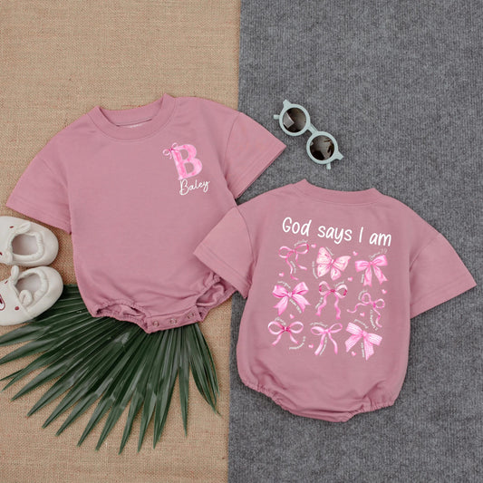 Custom Christian Girl Bubble Romper God Says I Am Bible Verse Toddler Outfit Religious Gift Soft Cotton Comfortable Everyday Wear