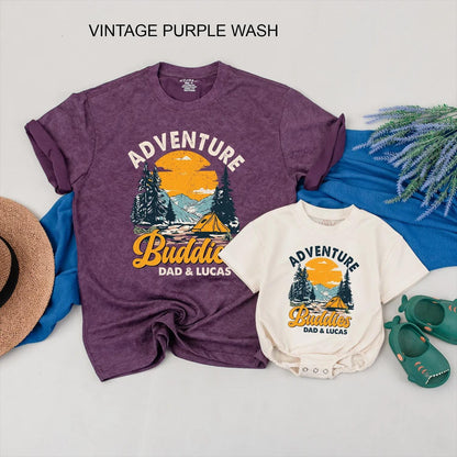 Adventure Buddies Matching Shirts for Dad and Baby Personalized Hiking Clothes, Mountain Travel Gift, Father and Son Camping Outfit, Outdoor Family Fun (139 chars)