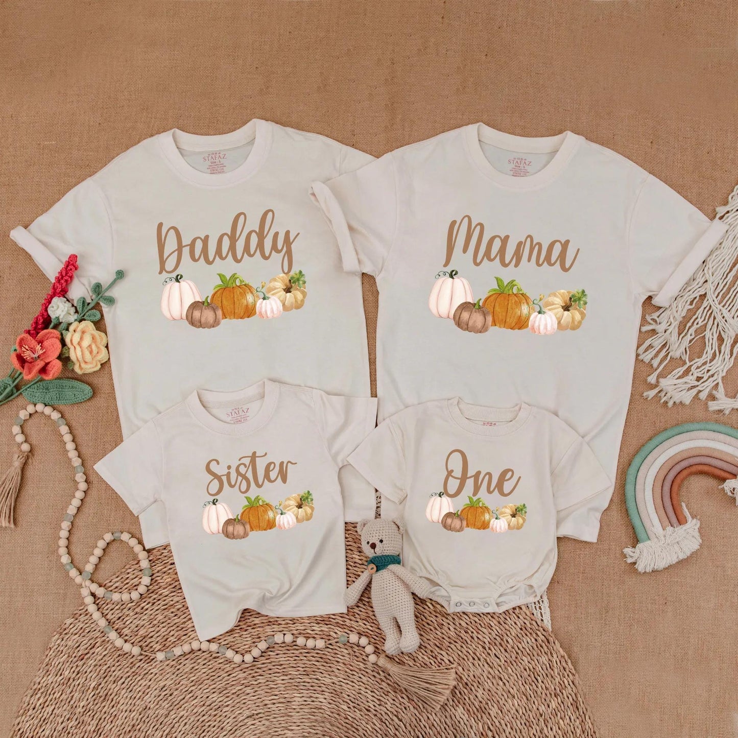 Boho Autumn Pumpkin Birthday Family Shirts Our Little Pumpkin is One Mama Pumpkin Mommy and Me Matching Fall First Birthday