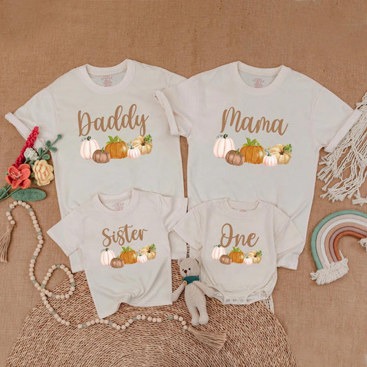 Boho Autumn Pumpkin Birthday Family Shirts Our Little Pumpkin is One Mama Pumpkin Mommy and Me Matching Fall First Birthday