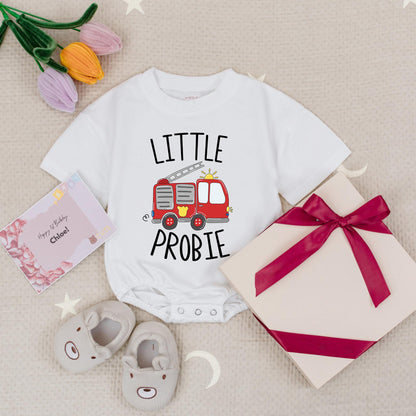 Little Probie Firetruck Baby Romper, Future Firefighter Bodysuit, Playful Truck Design, Baby Fireman Gift, Red Truck Accents, Firewoman Baby Shower Outfit