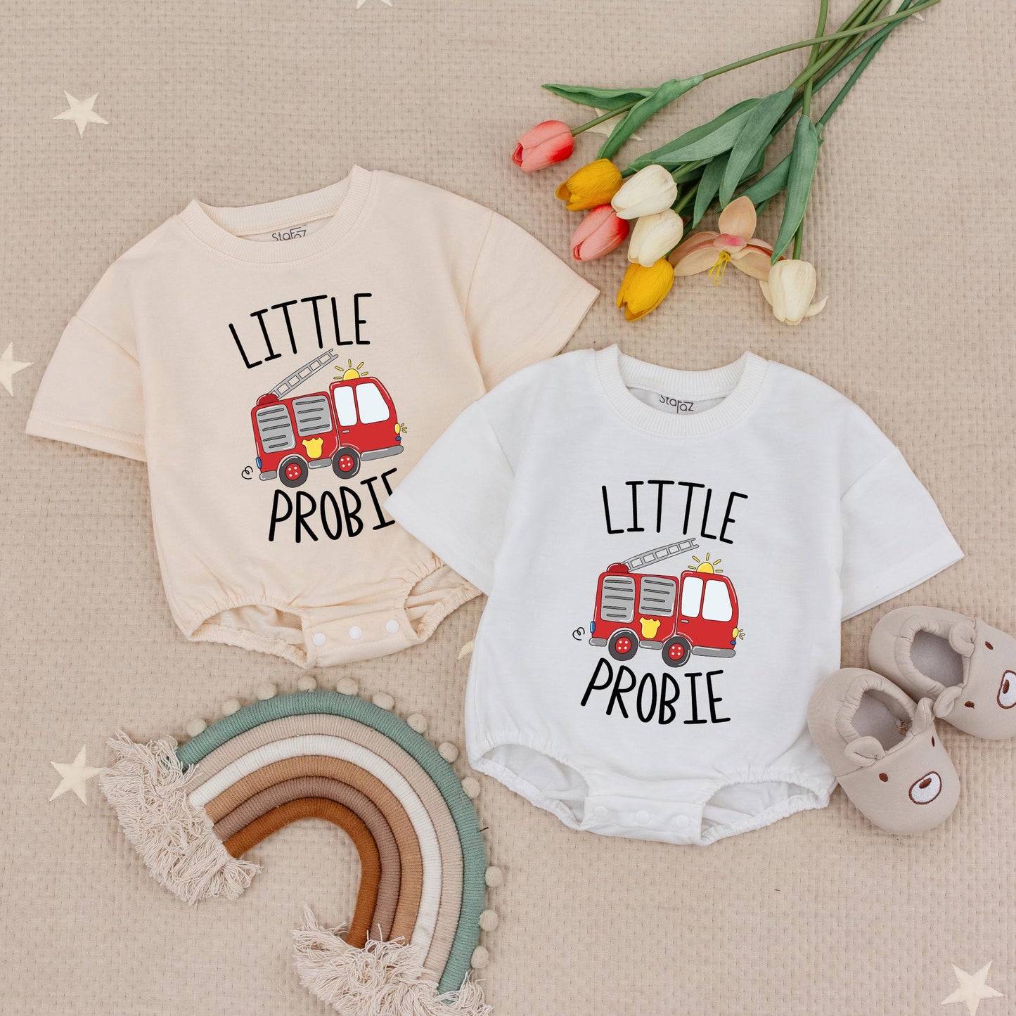 Little Probie Firetruck Baby Romper, Future Firefighter Bodysuit, Playful Truck Design, Baby Fireman Gift, Red Truck Accents, Firewoman Baby Shower Outfit