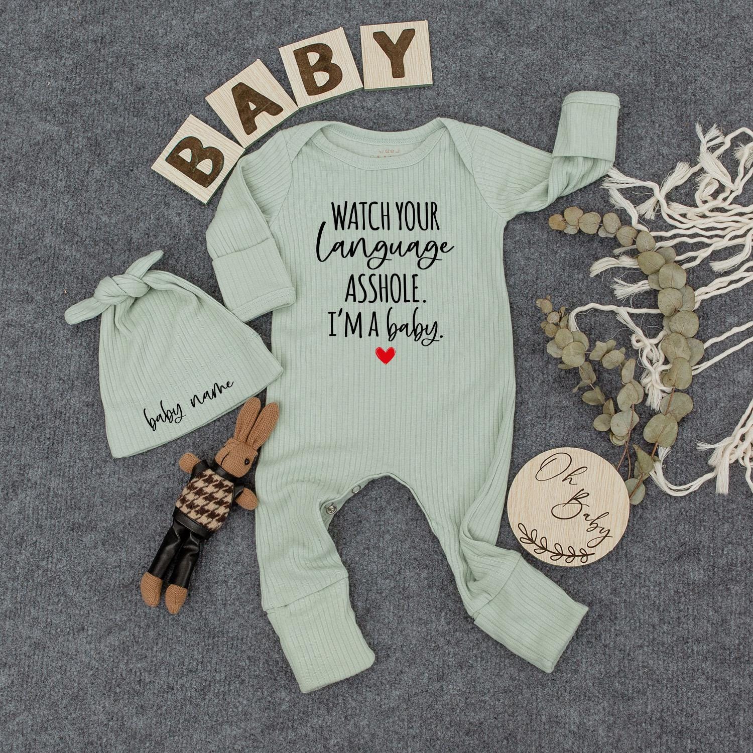 Watch Your Language Baby Outfit, I'ma Baby Bodysuit with Heart, Custom Name Hat, Hipster Newborn Coming Home Set, Funny Infant Gift 130-140 Chars