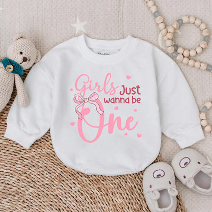 Girls Just Wanna Be One Pink Long Sleeve Bubble Romper Adorable First Birthday Baby Girl Outfit Toddler Party Clothes Sweet Baby Shower Gift