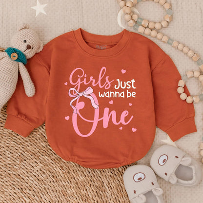 Girls Just Wanna Be One Pink Long Sleeve Bubble Romper Adorable First Birthday Baby Girl Outfit Toddler Party Clothes Sweet Baby Shower Gift