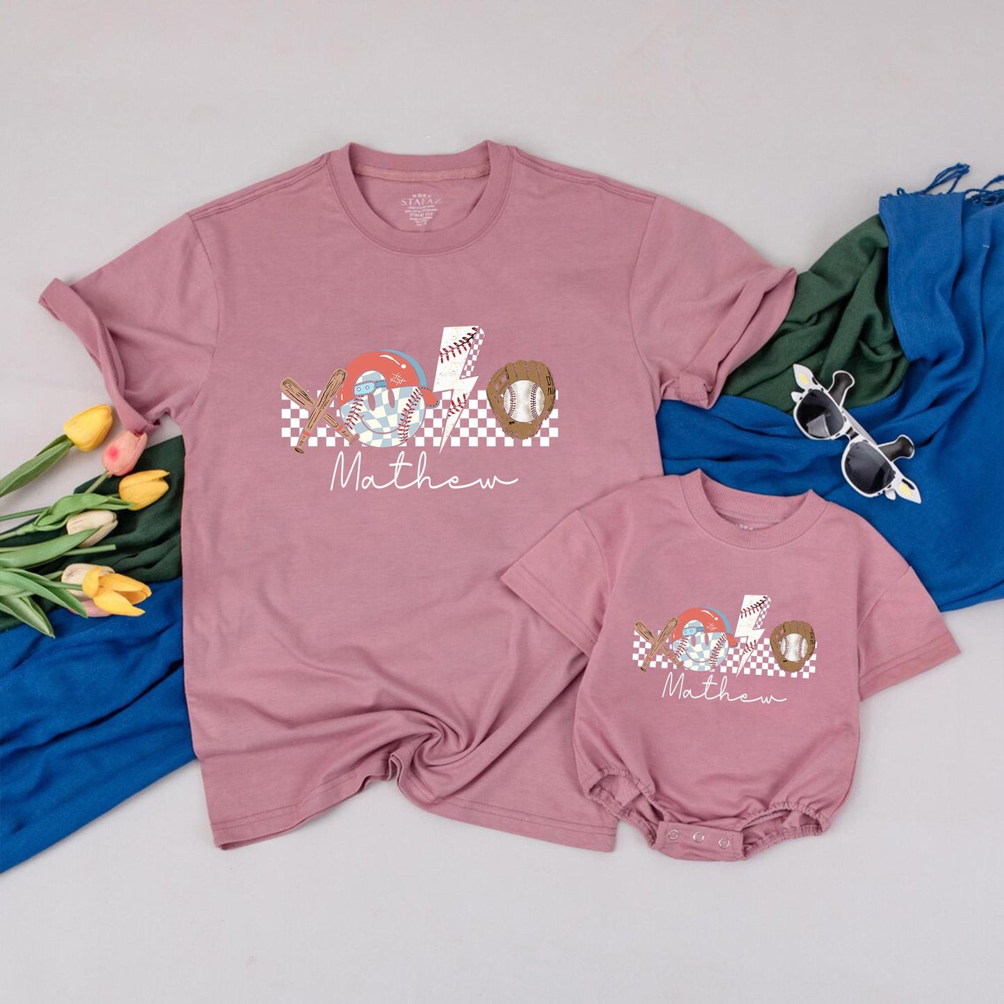 Personalized Retro Baseball Baby Outfit: Crossed Bats & Glove, Custom Name, Gameday Season Tee, Sporty Infant Kid Gift Set, Brown Red Blue, Matthew Script 138 chars