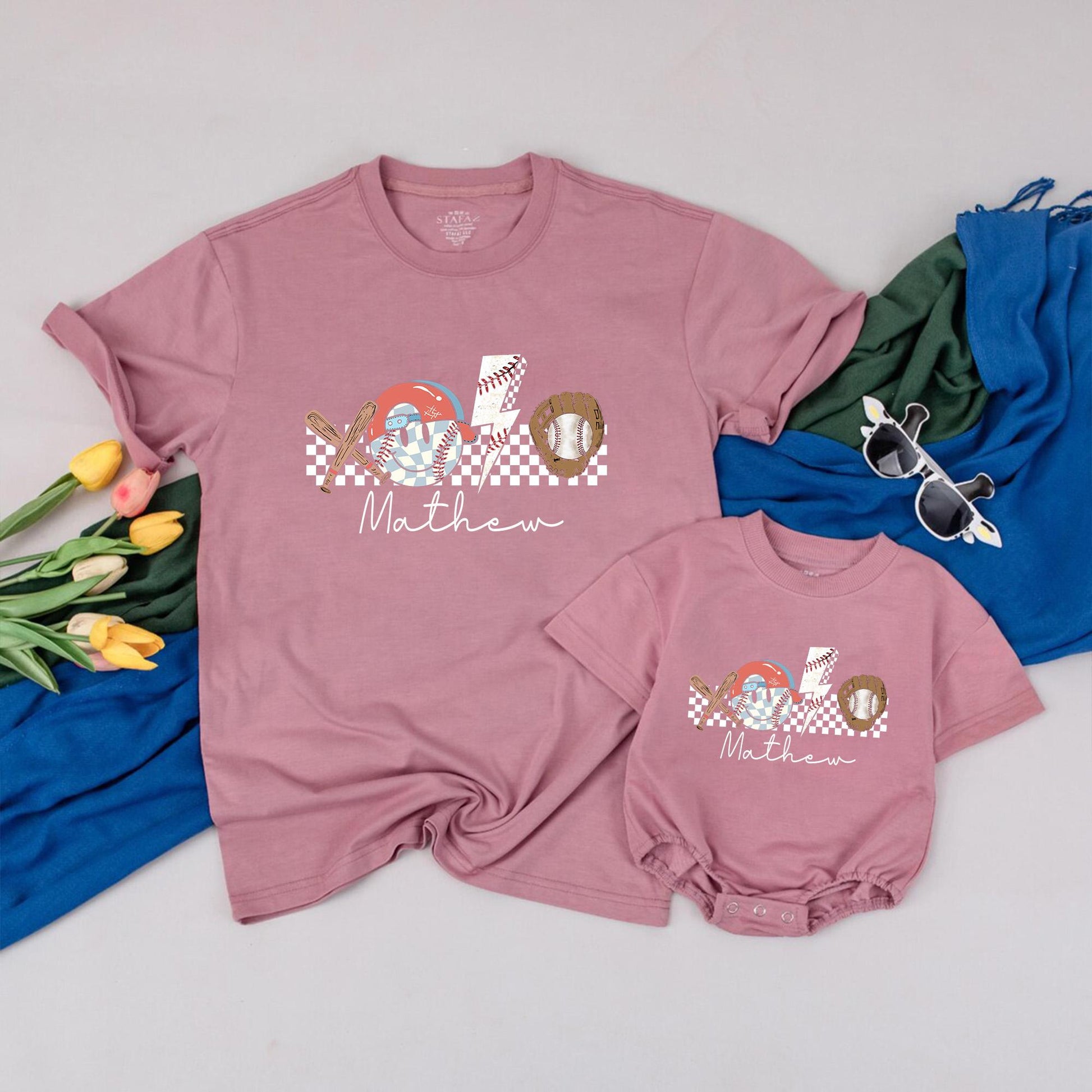Personalized Retro Baseball Baby Outfit: Crossed Bats & Glove, Custom Name, Gameday Season Tee, Sporty Infant Kid Gift Set, Brown Red Blue, Matthew Script 138 chars