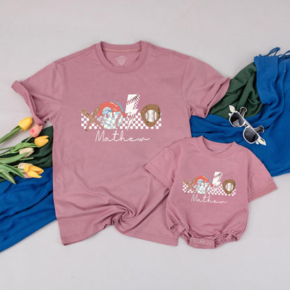 Personalized Retro Baseball Baby Outfit: Crossed Bats & Glove, Custom Name, Gameday Season Tee, Sporty Infant Kid Gift Set, Brown Red Blue, Matthew Script 138 chars