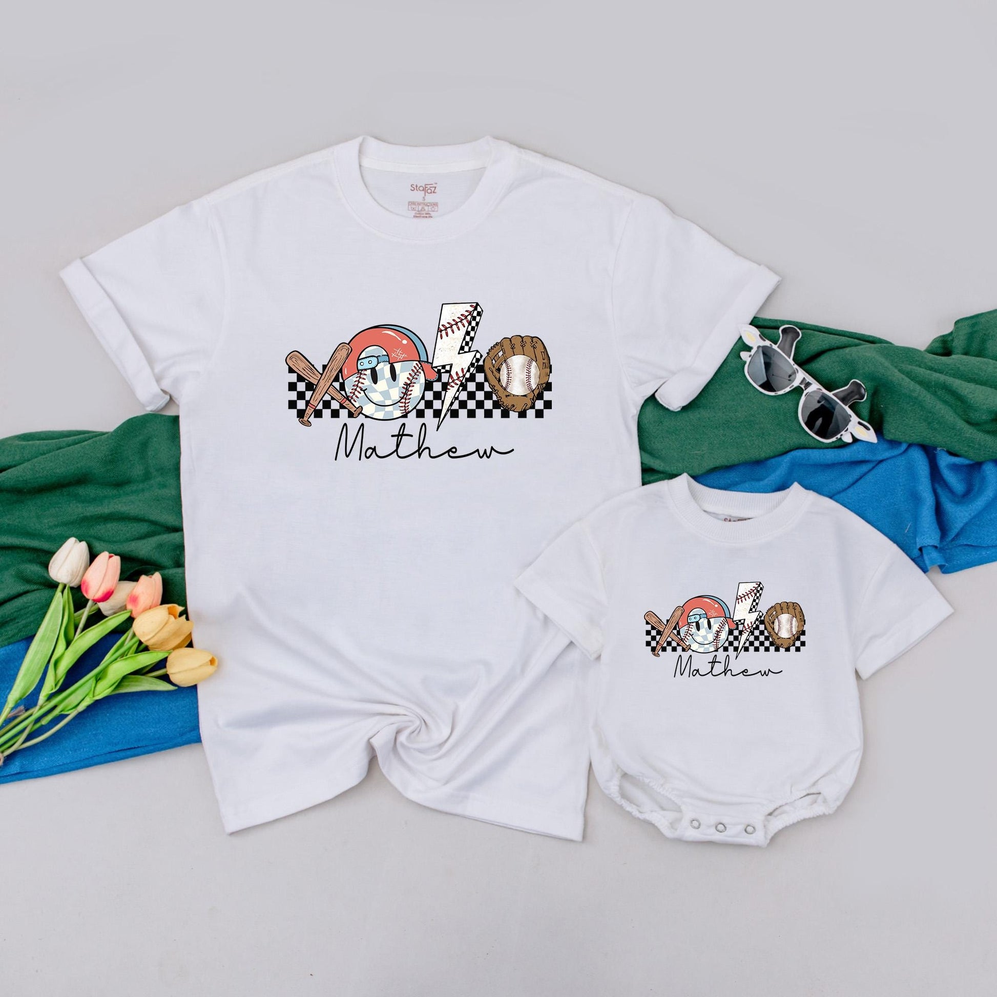 Personalized Retro Baseball Baby Outfit: Crossed Bats & Glove, Custom Name, Gameday Season Tee, Sporty Infant Kid Gift Set, Brown Red Blue, Matthew Script 138 chars