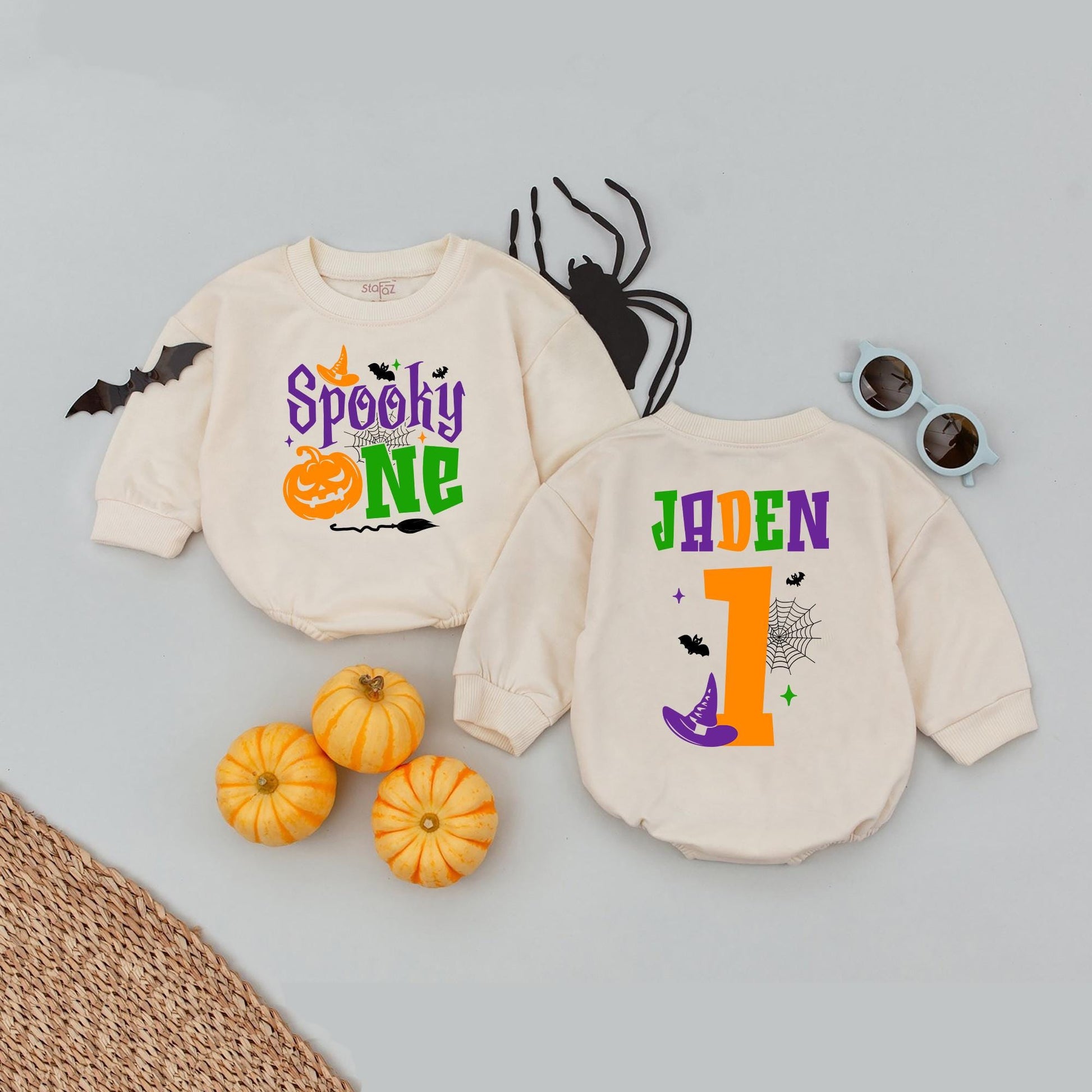 Personalized Spooky One Birthday Romper First Halloween Party Outfit Baby Girl Boy "Boo Is One" Cotton Spooky Season Babysuit
