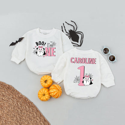 Boo! I'm ONE Baby Girl Halloween Romper, Personalized 1st Birthday Outfit, Cute Ghost Design, Pink Pastel Party Clothes
