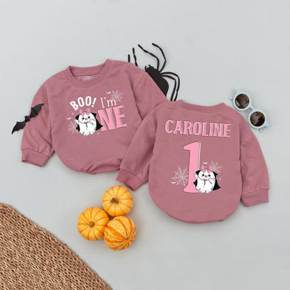 Boo! I'm ONE Baby Girl Halloween Romper, Personalized 1st Birthday Outfit, Cute Ghost Design, Pink Pastel Party Clothes
