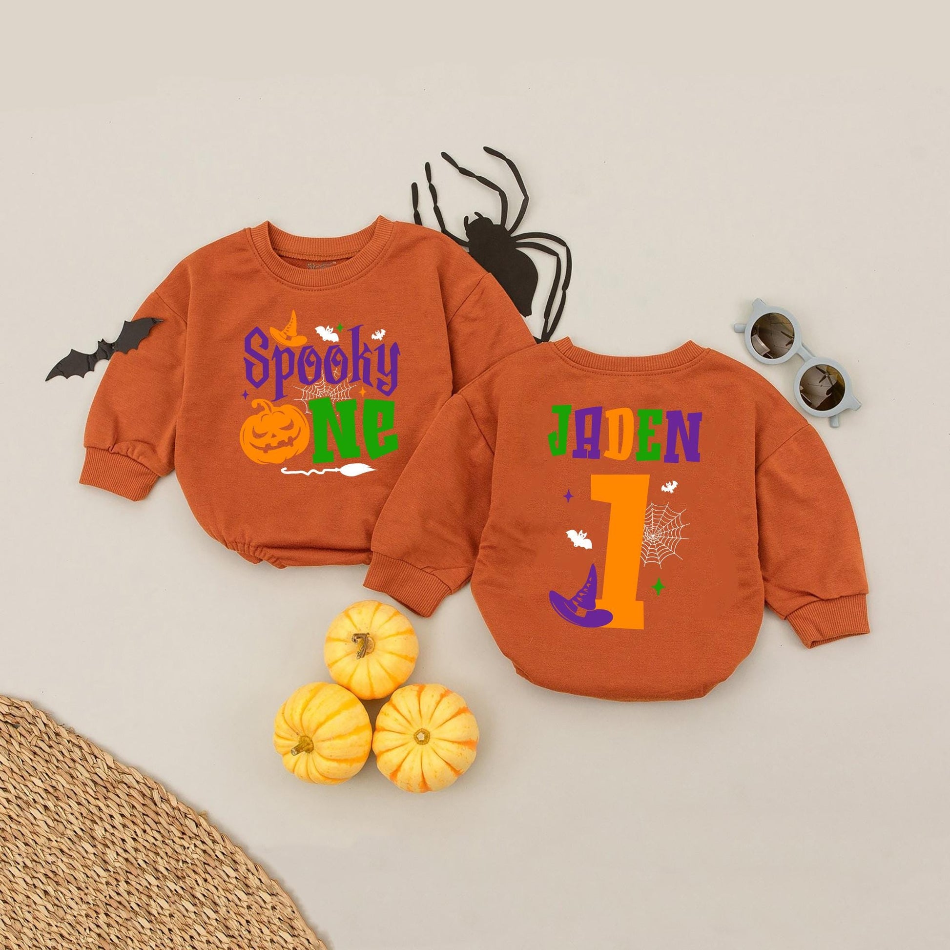 Personalized Spooky One Birthday Romper First Halloween Party Outfit Baby Girl Boy "Boo Is One" Cotton Spooky Season Babysuit